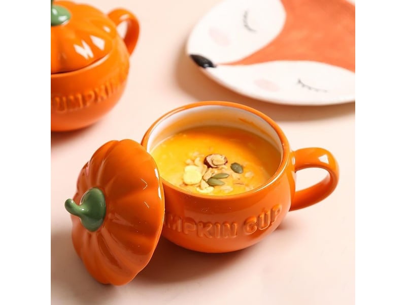 Petit mug en céramique avec couvercle et cuillère, citrouille  - Conforama B