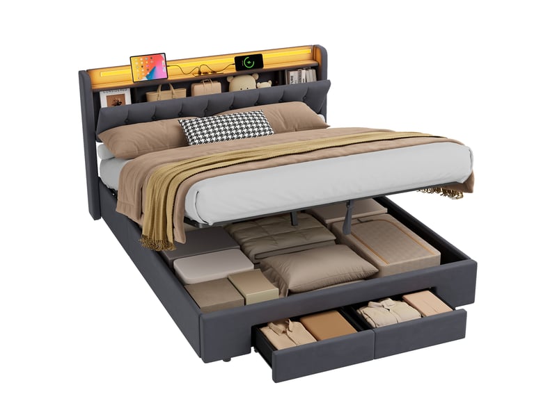  Lit 160x200 cm avec rangement, led et usb gris foncé  - Conforama D