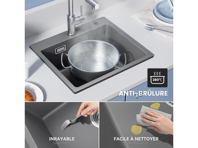  Cecipa max évier de cuisine 50x45cm - évier en granit - avec trou de robinet - avec égouttoir - gris  - Conforama C