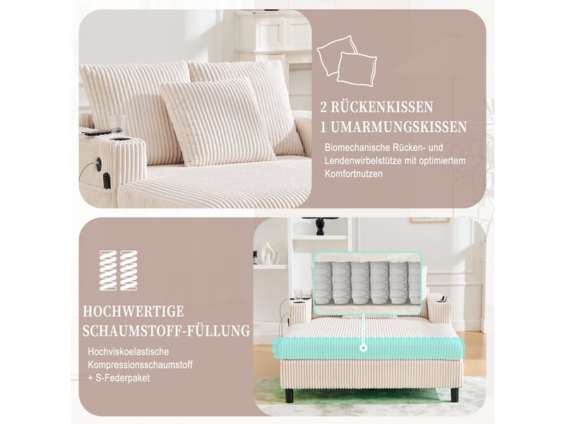  Canapé beige en velours côtelé avec led multicolore, usb et porte-gobelets intégrés, 142x128x85 cm  - Conforama W
