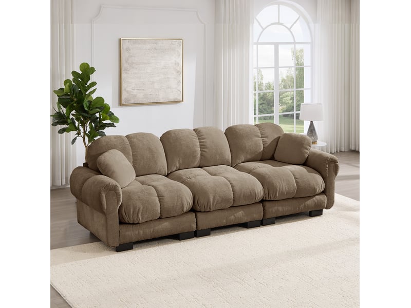 Canapé 3 places style nuage 260x86x90 cm, coutures matelassées, 2 coussins déco inclus, tissu en chenille, marron - Conforama D