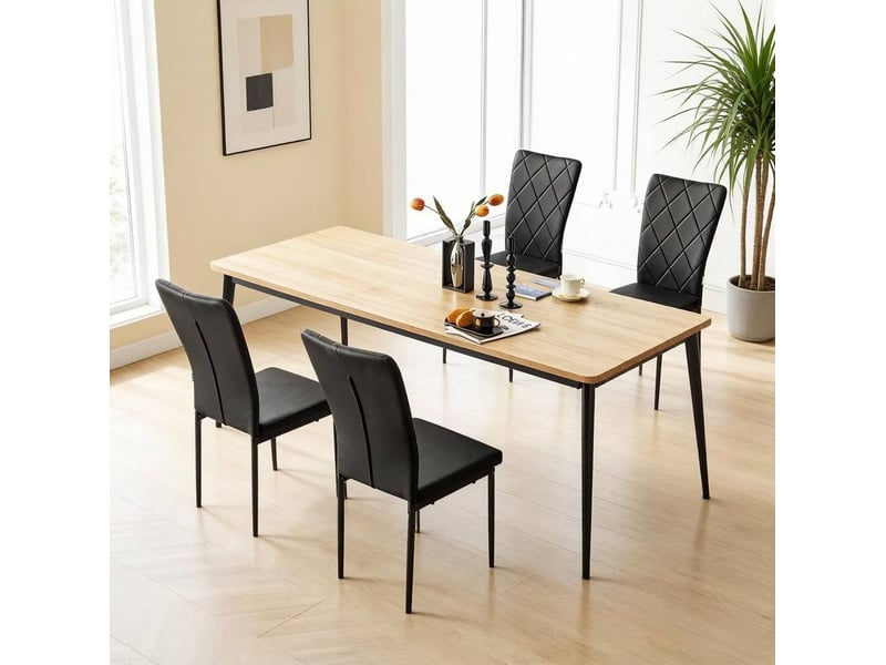  Lot de 4 chaises de salle à manger avec dossier haut rembourré et pieds métalliques en simili cuir noir  - Conforama E