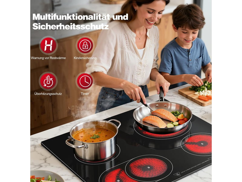  Plaque de cuisson vitrocéramique 4 foyers, table électrique encastrable 60 cm, 6600 w, zones double et ovale, tactile  - Conforama E