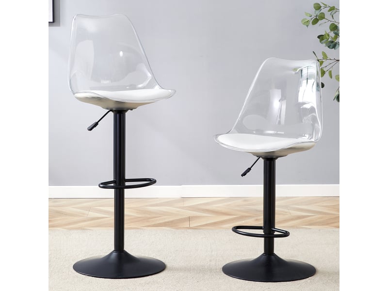 Lot de 2 tabourets de bar transparents, hauteur réglable 60-80 cm, pivotant à 360 degrés, pieds en métal noir - Conforama B