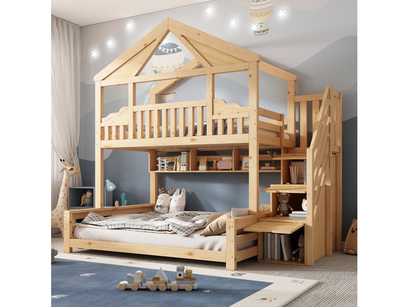  Lit superposé maison 90x200 et 140x200 cm avec escalier de rangement coloris bois naturel  - Conforama D