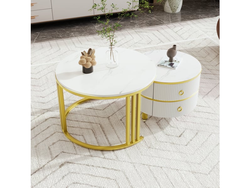 Tables basses rondes gigognes 2 pièces – mdf blanc et doré – décor marbre, 2 tiroirs – ø70 x h46 ø50 x h40 cm - Conforama C