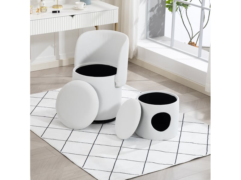 Pouf fauteuil tonneau pivotant 360° en velours blanc avec rangement intégré et pouf de repos pour félin inclus - Conforama A