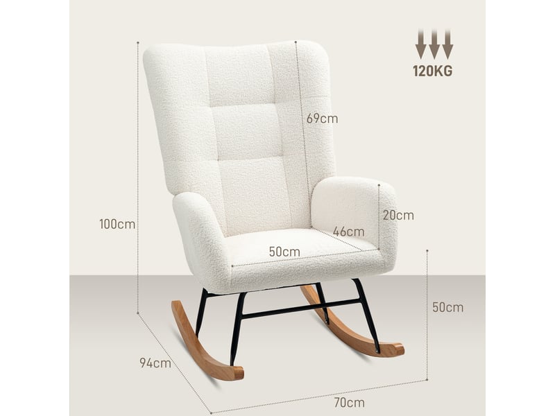  Fauteuil à bascule en velours teddy, métal et bois, pour chambre et salon, 70 x 94 x 100 cm, blanc crème  - Conforama E