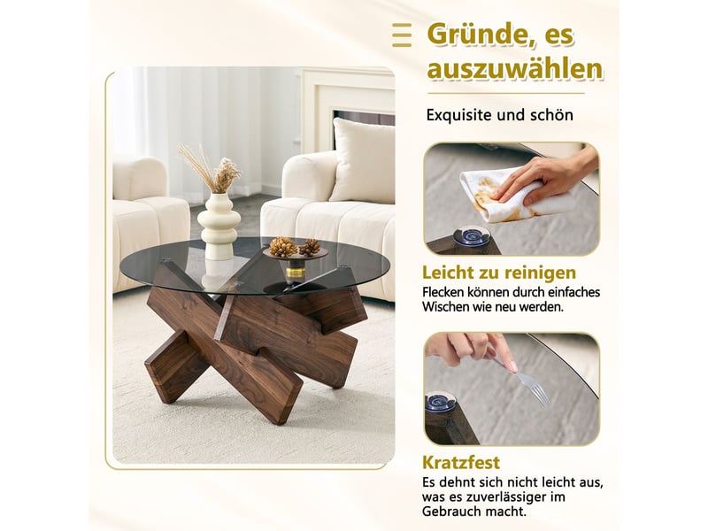  Table basse plateau rond en verre piètement designer stable aspect bois effet marbre style moderne  - Conforama E