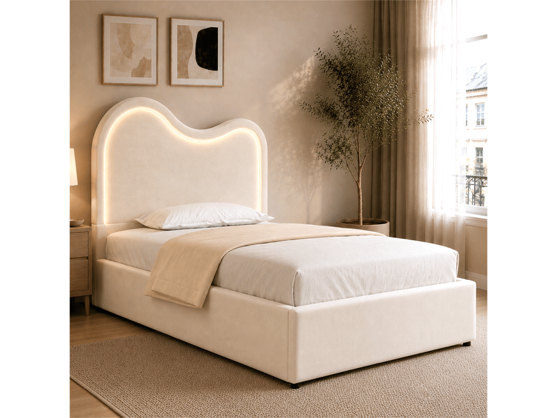  Lit enfant ,90x200 cm,  avec coffre led tête nuage， velours ，beige  - Conforama D