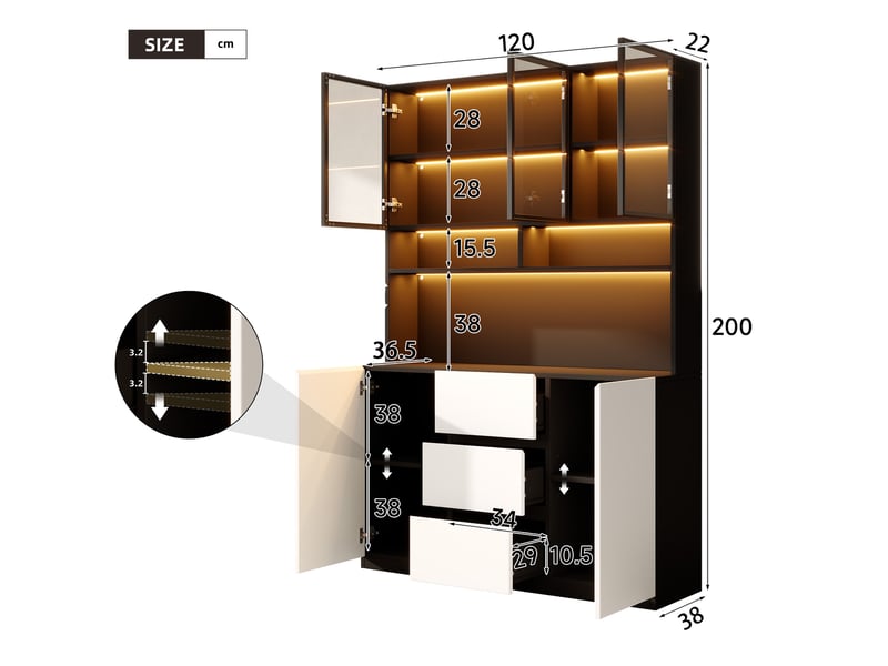 Buffet - 120 x 38 x 200 cm - meuble de rangement de salon avec led, portes en verre gris, 2 portes et 3 tiroirs - noir - Conforama E