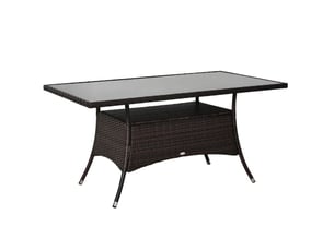 Table de jardin 150x85 cm marron, résine tressée, verre de sécurité, structure métal pour terrasse