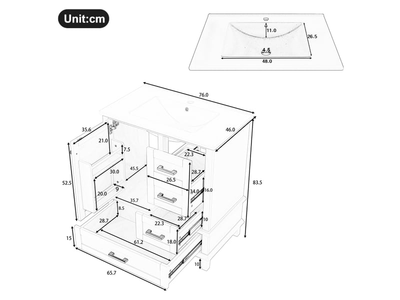  Meuble vasque sur pied noir, 76 x 45,5 x 83,5 cm, en mdf et céramique, avec 3 tiroirs à coulisses silencieuses  - Conforama B
