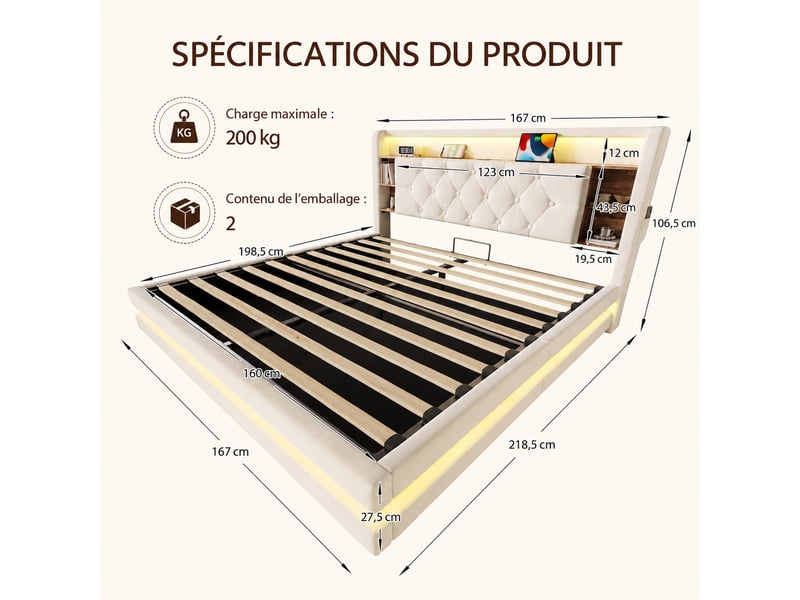 Lit coffre 160 x 200 cm avec rangement, cadre en velours beige, tête de lit multifonction, led et usb - Conforama C