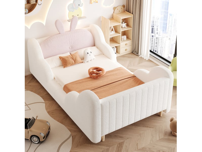  Lit enfant 90x200 cm avec coussin lapin et côtés nuage, tissu teddy blanc  - Conforama B