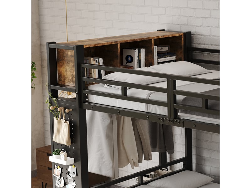 Lit superposé noir 120x200 cm métal et bois avec rangement intégré penderie tiroir panneau perforé étagères ouvertes Sol Morn - Conforama E