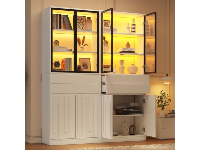 Vitrine 4 portes en verre, 2 tiroirs, éclairage led pour salon, panneau de particules blanc, 140 × 34 × 180 cm - Conforama C