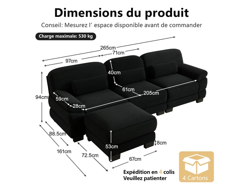Canapé modulable,336x88,5x94 cm,4 places,velours côtelé,noir - Conforama C