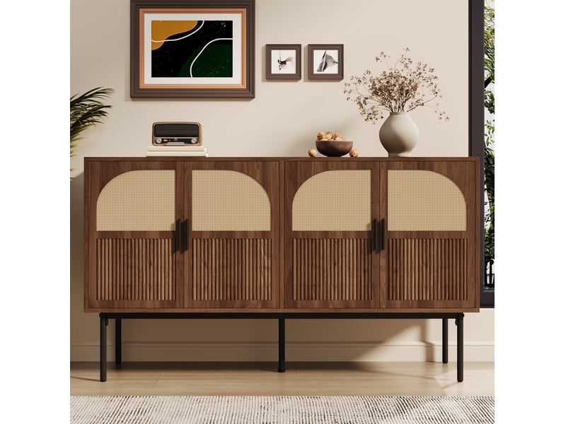  Buffet moderne 140x40x80 cm, avec 4 portes en rotin, grand espace de rangement, meuble de cuisine et salon, mdf naturel  - Conforama D