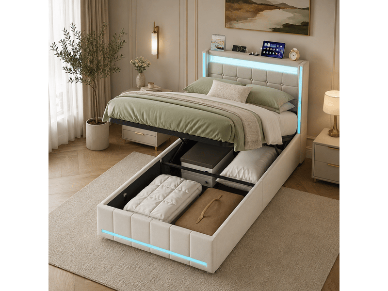  Lit coffre 90x200cm avec led, lit simple, lit rembourré hydraulique avec ports de recharge usb et type-c, lit capitonné avec sommier à lattes, beige  - Conforama B