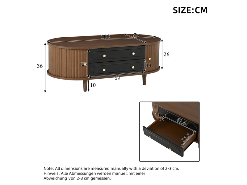  Table basse de salon 100 x 50 x 36 cm, finition noyer. Table basse avec deux tiroirs, console avec porte enroulable, table d'appoint, table de salon à 4 pieds, finition noyer et noir.  - Conforama C