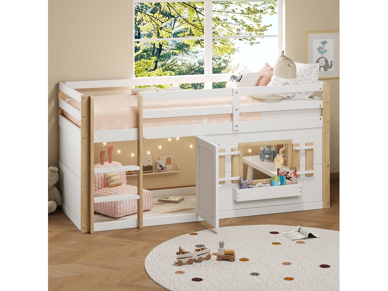  Lit mezzanine enfant 90 x 200 cm avec sommier, échelle et espace de jeu blanc  - Conforama B