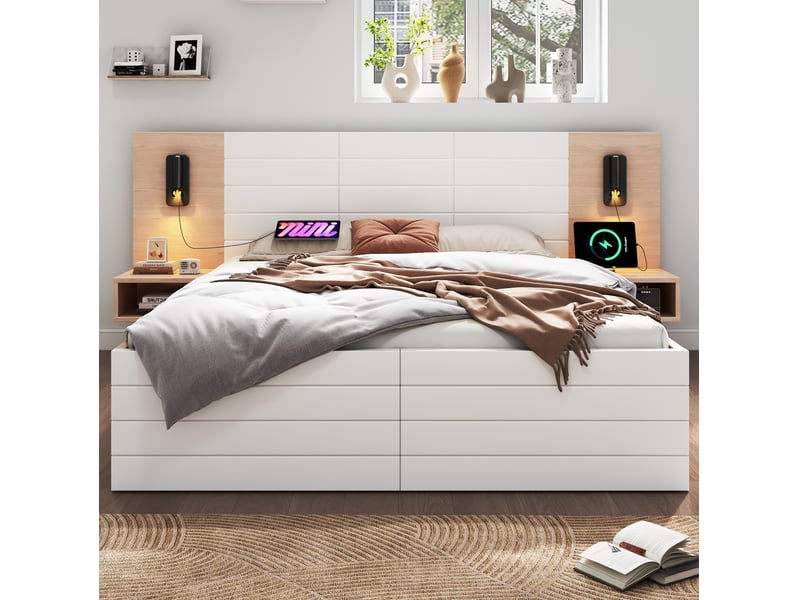  Lit adulte 140x200 cm blanc et chêne clair avec tiroirs, usb et éclairage, matelas inclus  - Conforama D