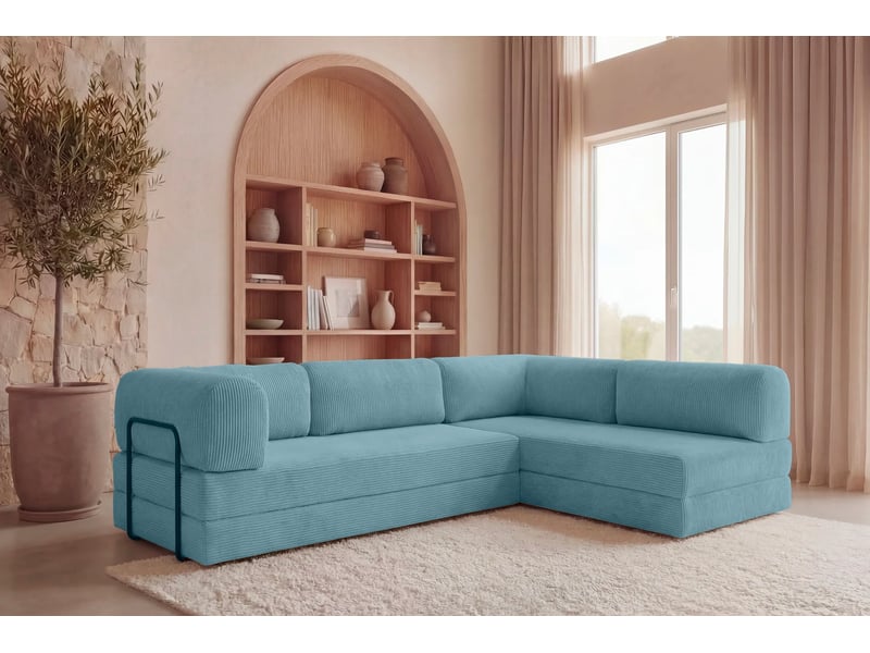  Cosima - canapé d'angle convertible petit velours côtelé 4 places bleu clair gauche  - Conforama B