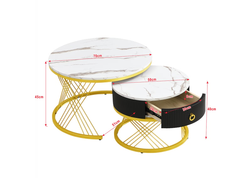  Table basse gigogne lot de 2 en effet marbre blanc et structure en métal doré, table de salon moderne  - Conforama E