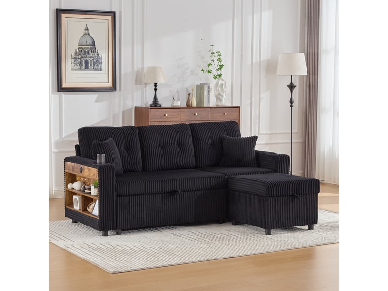  Canapé 3 places rangement 196x82–144x85 cm port usb‑c intégré éclairage à led coussins confortables velours côtelé noir  - Conforama B