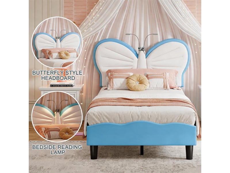  Lit enfant 90x190 cm, lit rembourré en velours bleu et blanc en forme de papillon avec liseuses led intégrées, tête de lit réglable en hauteur  - Conforama R