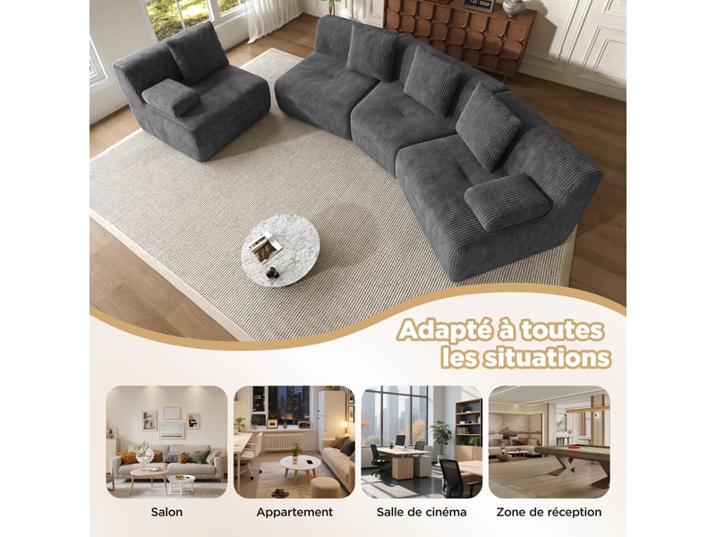 Canapé modulable 4 places en velours côtelé, 4 modules, sans montage, 311×90×65 cm, charge 400 kg - Conforama R