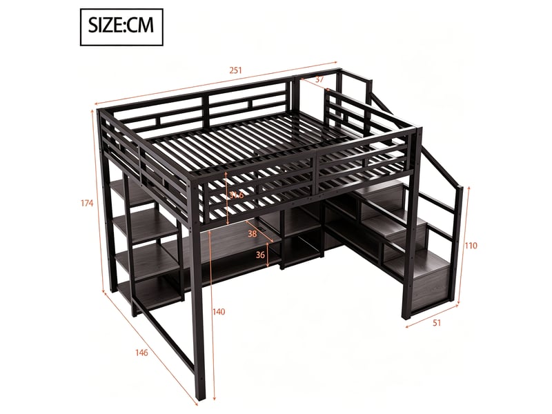  Lit mezzanine double 140×200 cm avec support tv, prise et échelle - okmyhome- métal noir, sans matelas  - Conforama D