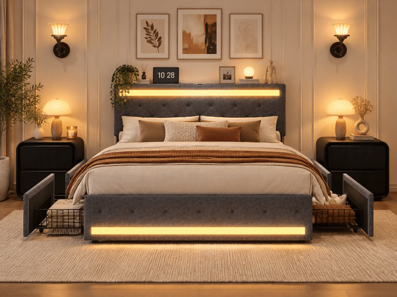  Lit double rembourré 140x190 avec 4 tiroirs, led et usb, lit 2 places avec tête de lit réglable, sommier à lattes, sans matelas, lin gris  - Conforama B
