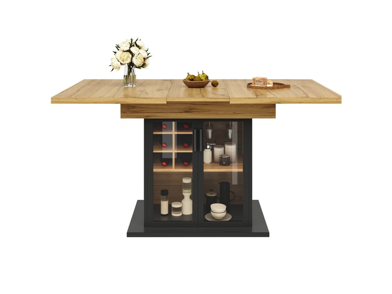  Table extensible 110-140x80x76cm, pour 4-6 personnes, plateau mdf noir, porte en verre trempé, range-bouteille amovible  - Conforama A