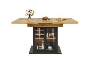 Table extensible 110-140x80x76cm, pour 4-6 personnes, plateau mdf noir, porte en verre trempé, range-bouteille amovible