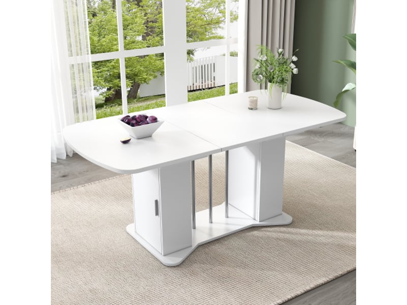 Table à manger extensible multifonction 120160 x 80 cm avec rangement, style moderne, pieds métalliques argentés - Conforama E
