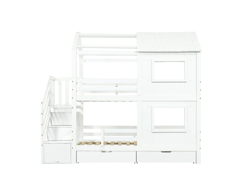 Lit superposé enfant 90x200 cm, lit avec rangement, escalier et tiroir à roulettes, structure mdf, blanc, sans matelas  - Conforama E
