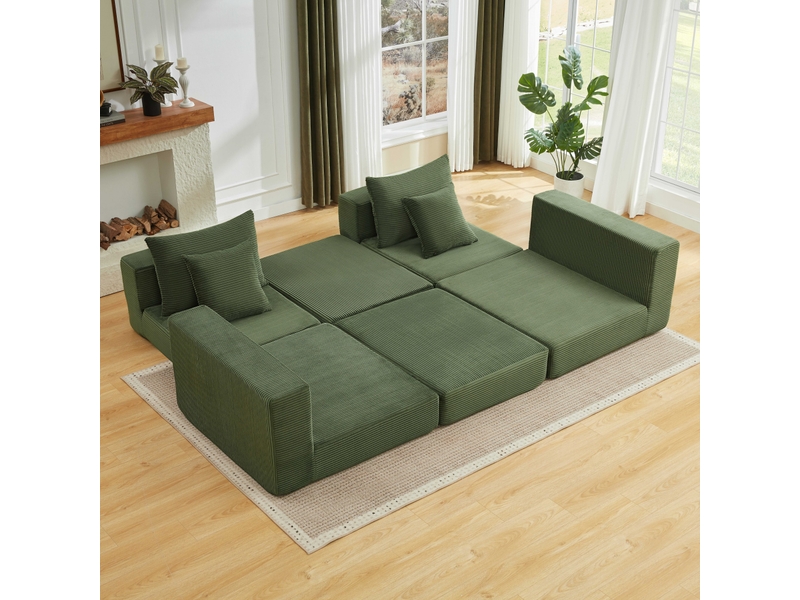 Canapé d'angle modulaire sans cadre, convertible en 3 configurations, velours côtelé, antidérapant, pour salon, vert - Conforama B