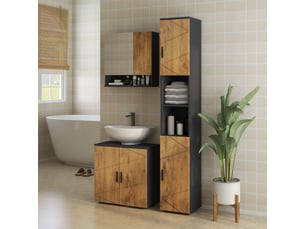 Meuble colonne armoire rangement salle de bain 2 portes étagère réglable 2 niches 30 x 30 x 183 cm gris foncé chêne