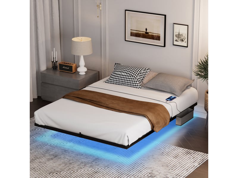  Lit double rembourré 160x200 cm avec éclairage led, cadre de lit adulte avec structure suspendue, noir, lit 2 personnes  - Conforama A
