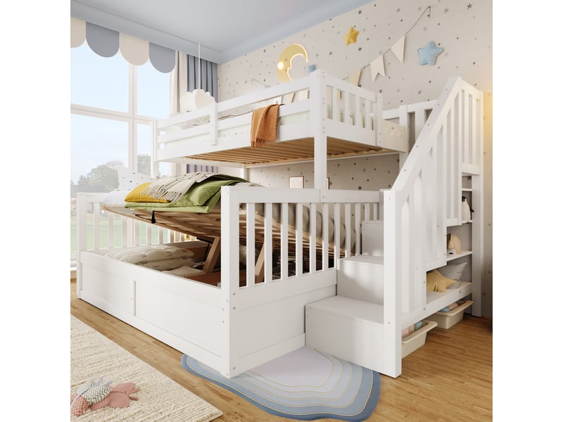 Lit superposé 3 places 90x200 et 140x200 cm avec coffre hydraulique, escalier de rangement, garde-corps, structure en pin et mdf, blanc - Conforama D