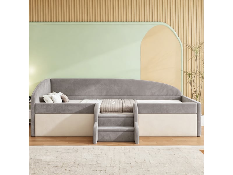  Lit enfant rembourré, 90x190 cm, espace nuit, marches, barrières de sécurité, matelas non inclus, velours, coloris gris  - Conforama D