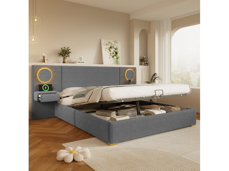  Lit coffre 180 × 200 cm 2 places avec rangement hydraulique, led, usb et tête de lit en velours, sans matelas, gris  - Conforama B