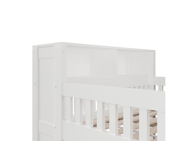  Lit mezzanine 120x200 cm blanc, avec rangements, étagères ouvertes, placard, led au chevet, échelle, sommier inclus, sans matelas  - Conforama E