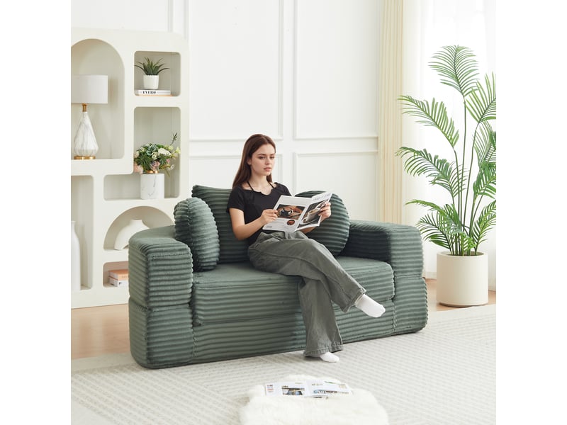  Canapé-lit 4-en-1 convertible, canapé demi-rond et lit de jour rond, 3 coussins, design compact en velours côtelé - vert  - Conforama B