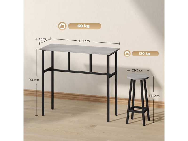 Ensemble de bar 6 pièces avec 4 tabourets de bar et 2 tables hautes en aggloméré et acier, pour cuisine et salon, gris  - Conforama E