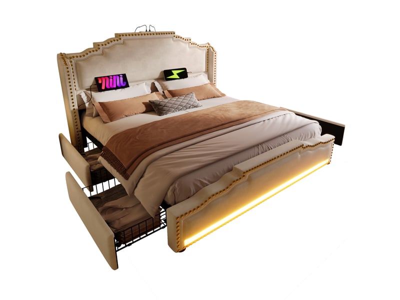 Lit adulte 160 × 200 cm avec 4 tiroirs, led réglable et usb-c, avec matelas, en velours beige, tête capitonnée - Conforama A