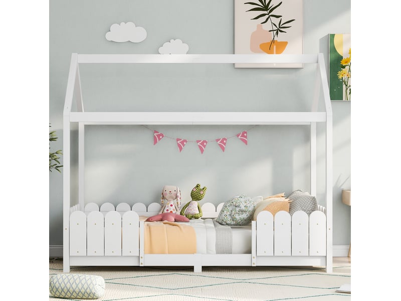  Lit cabane enfant 90x200 avec barrière de sécurité et sommier à lattes evryae  - Conforama D