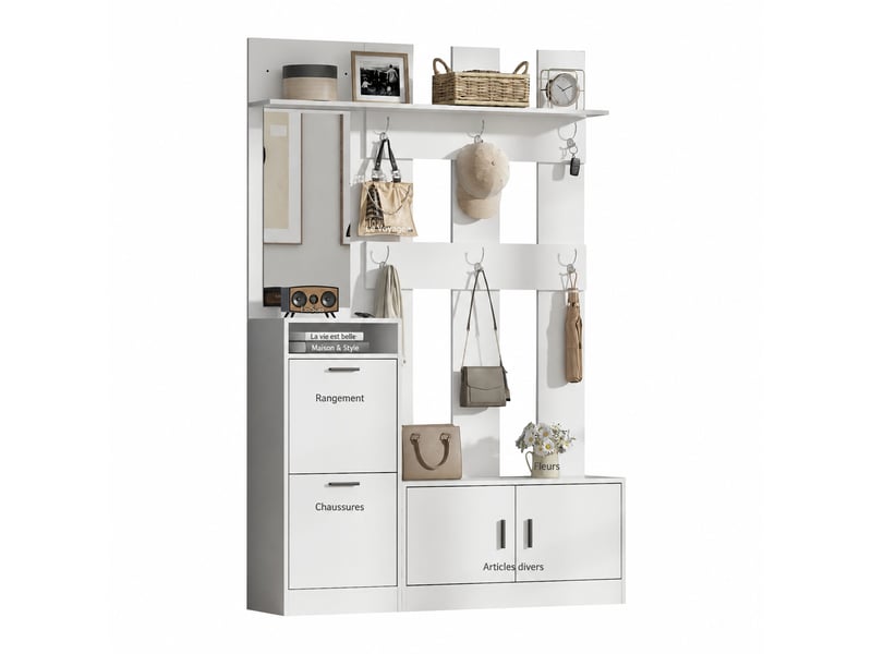  Meuble d’entrée avec miroir et rangement chaussures, 6 patères, 120 x 30 x 180 cm, blanc  - Conforama A